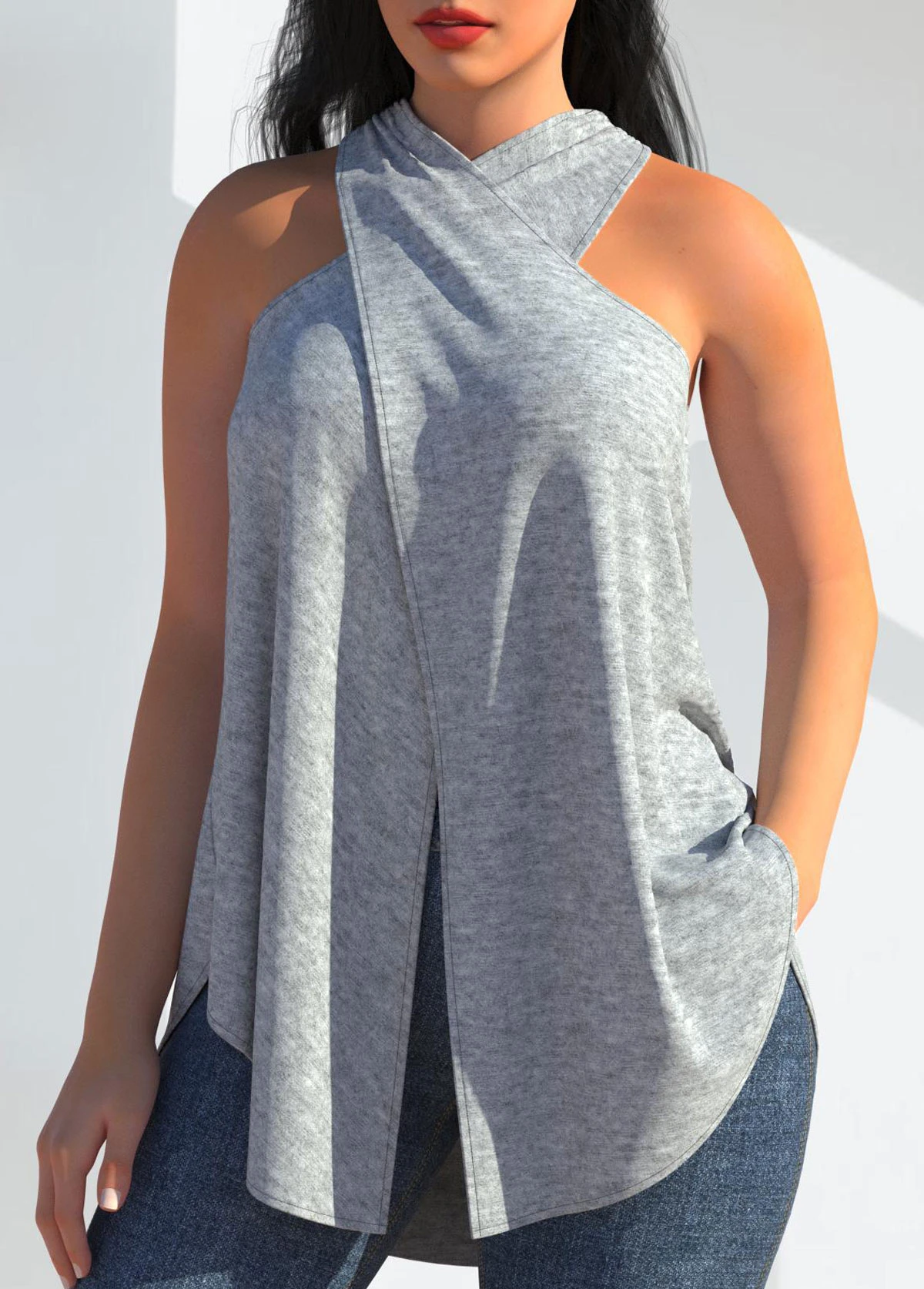 Cross Halter Grey Sleeveless Tank Top 5 Cross Halter Grey Sleeveless Tank Top - Image 3