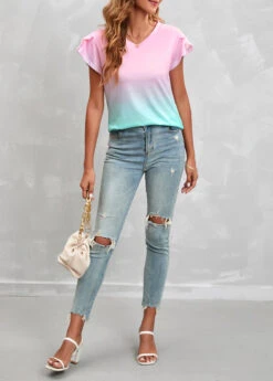 Pink Ombre Short Sleeve V Neck T Shirt -OLALA Clothing Shop 306163 P 16563283457883