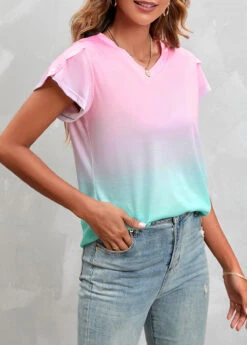Pink Ombre Short Sleeve V Neck T Shirt -OLALA Clothing Shop 306163 P 16563283458552