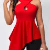 Red Asymmetric Hem Cross Front Tank Top