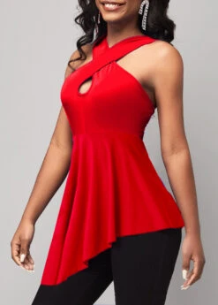 Red Asymmetric Hem Cross Front Tank Top -OLALA Clothing Shop 306756 P 1655100982904