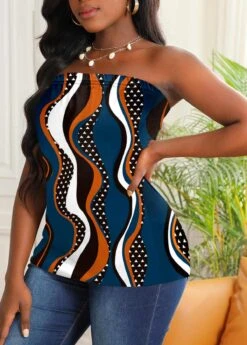 Strapless Geometric Print Blue Tank Top -OLALA Clothing Shop 307976 P 1656300398964