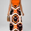 Orange Geometric Print Halter Maxi Dress -OLALA Clothing Shop 308782 P 1657174628243