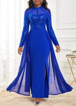 Sapphire Blue Shinning Long Sleeve Maxi Dress