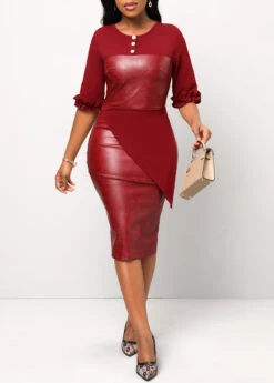 Wine Red Frill Button Half Sleeve Dress 10 Wine Red Frill Button Half Sleeve Dress -OLALA Clothing Shop 312107 P 16652848772783