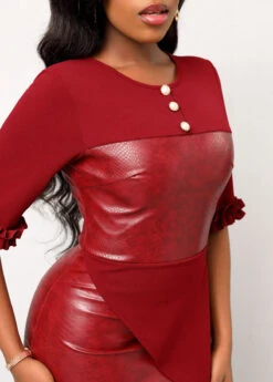 Wine Red Frill Button Half Sleeve Dress 11 Wine Red Frill Button Half Sleeve Dress -OLALA Clothing Shop 312107 P 16652848772814