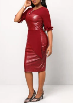 Wine Red Frill Button Half Sleeve Dress 9 Wine Red Frill Button Half Sleeve Dress -OLALA Clothing Shop 312107 P 16652848778872