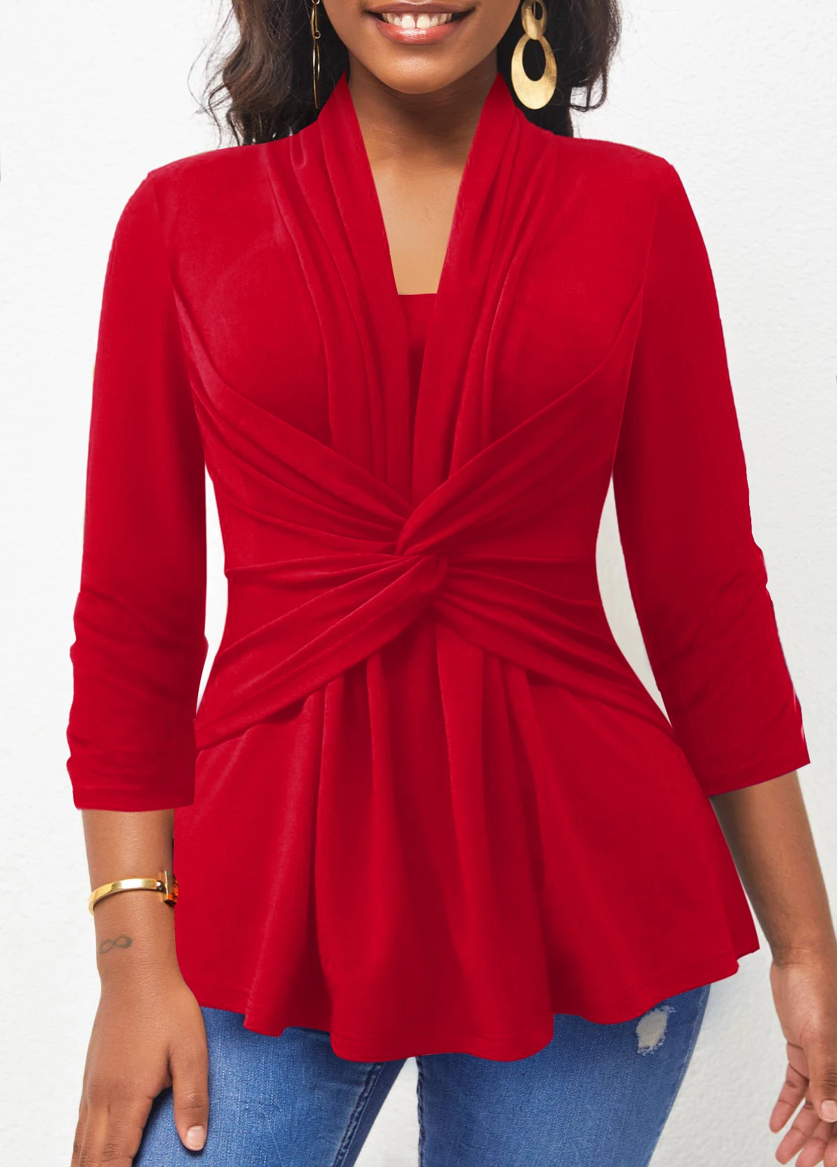 Red Twist Front 3/4 Sleeve T Shirt 3 Red Twist Front 3/4 Sleeve T Shirt