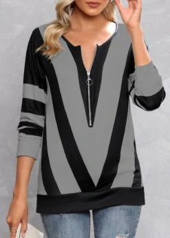 Grey Zipper Contrast Color Long Sleeve T Shirt