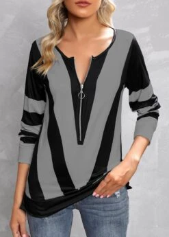 Grey Zipper Contrast Color Long Sleeve T Shirt -OLALA Clothing Shop 314065 P 16652968033053