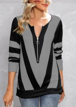 Grey Zipper Contrast Color Long Sleeve T Shirt -OLALA Clothing Shop 314065 P 16652968035264