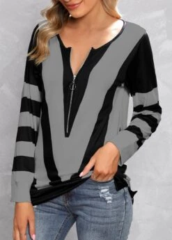 Grey Zipper Contrast Color Long Sleeve T Shirt -OLALA Clothing Shop 314065 P 16652968039782