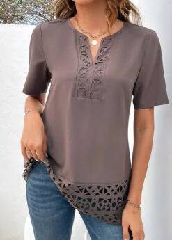 Light Coffee Patchwork Short Sleeve Split Neck Blouse -OLALA Clothing Shop 318769 P 16785343050884