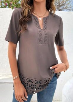Light Coffee Patchwork Short Sleeve Split Neck Blouse -OLALA Clothing Shop 318769 P 16785343056085