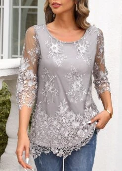 Grey Lace Three Quarter Length Sleeve Blouse