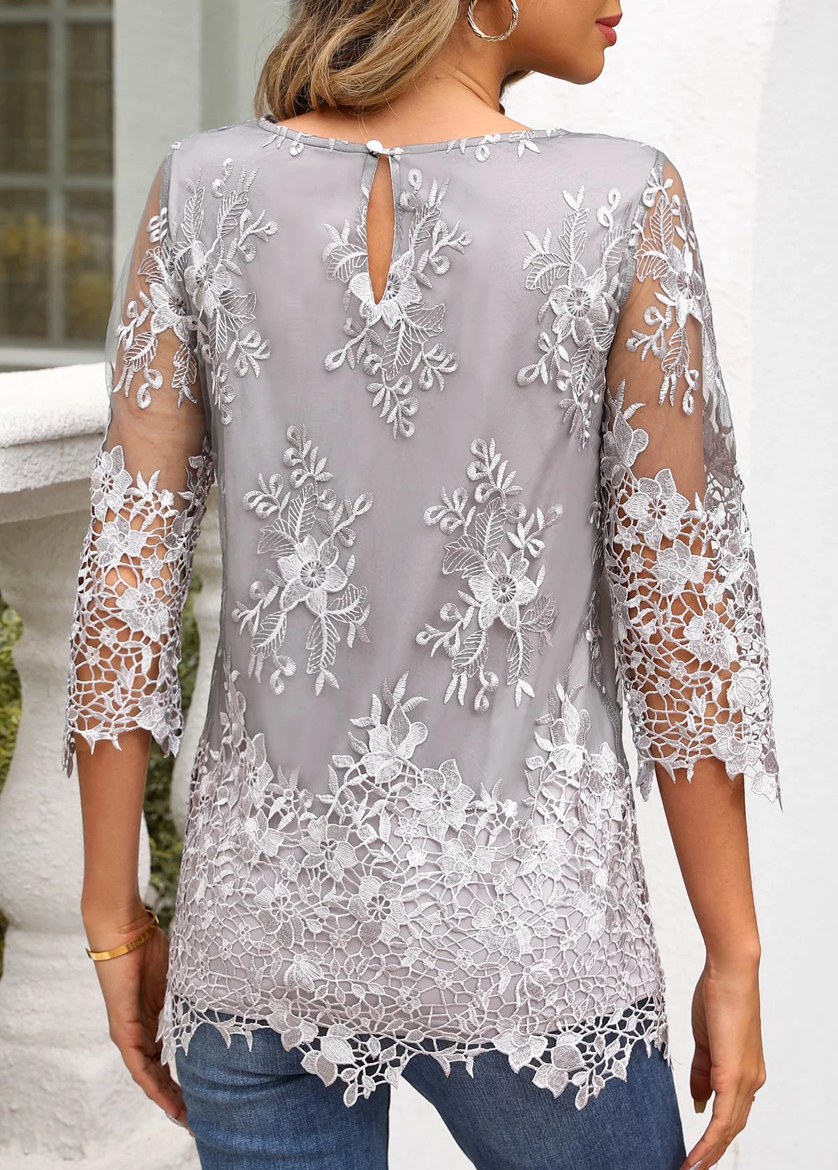 Grey Lace Three Quarter Length Sleeve Blouse 4 Grey Lace Three Quarter Length Sleeve Blouse - Image 2