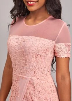 Light Pink Lace Short Sleeve Round Neck Bodycon Dress -OLALA Clothing Shop 319202 P 16752517530793