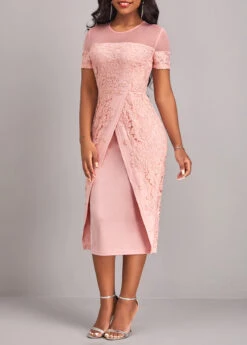 Light Pink Lace Short Sleeve Round Neck Bodycon Dress -OLALA Clothing Shop 319202 P 16752517533422