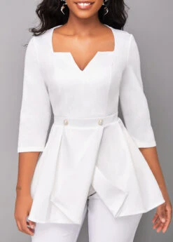 Raw White Split 3/4 Sleeve Blouse -OLALA Clothing Shop 319492 P 16762893543403