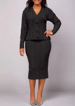 Black Long Sleeve Button Top And Skirt -OLALA Clothing Shop 320277 P 16690058814734