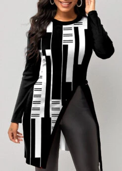 White Geometric Print Long Sleeve T Shirt -OLALA Clothing Shop 320290 P 1669011323669