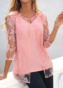 Pink Lace Three Quarter Length Sleeve Blouse -OLALA Clothing Shop 321488 P 16766298791022