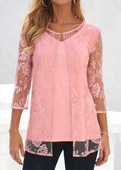 Pink Lace Three Quarter Length Sleeve Blouse
