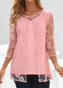 Pink Lace Three Quarter Length Sleeve Blouse -OLALA Clothing Shop 321488 P 16766298793965