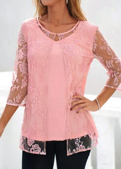 Pink Lace Three Quarter Length Sleeve Blouse -OLALA Clothing Shop 321488 P 16766298797483