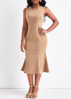 Light Camel Double Breasted Sleeveless Bodycon Dress -OLALA Clothing Shop 321875 P 16762824023844