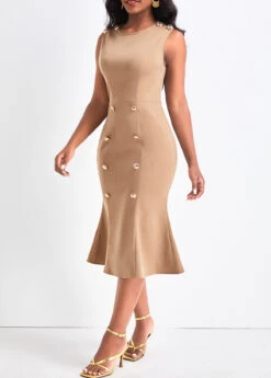 Light Camel Double Breasted Sleeveless Bodycon Dress -OLALA Clothing Shop 321875 P 16762824028272