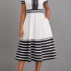 White Patchwork Striped Short Sleeve V Neck Dress