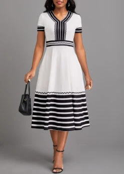 White Patchwork Striped Short Sleeve V Neck Dress -OLALA Clothing Shop 321876 P 16755094491554