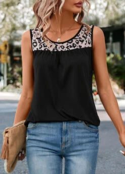 Black Patchwork Leopard Round Neck Tank Top 12 Black Patchwork Leopard Round Neck Tank Top -OLALA Clothing Shop 322487 P 16733298140664