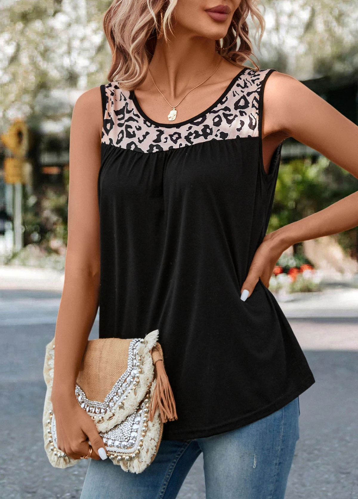 Black Patchwork Leopard Round Neck Tank Top 5 Black Patchwork Leopard Round Neck Tank Top - Image 3