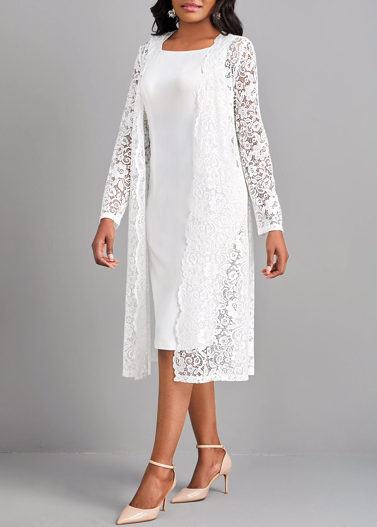 White Lace Two Piece Suit Long Sleeve Dress 6 White Lace Two Piece Suit Long Sleeve Dress - Image 4