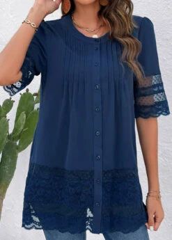 Blue Lace Three Quarter Length Sleeve Blouse -OLALA Clothing Shop 322868 P 16785342553064