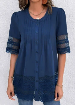 Blue Lace Three Quarter Length Sleeve Blouse