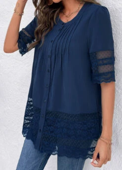 Blue Lace Three Quarter Length Sleeve Blouse -OLALA Clothing Shop 322868 P 16785342556002
