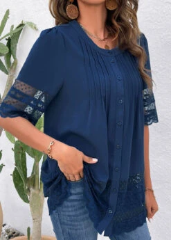 Blue Lace Three Quarter Length Sleeve Blouse -OLALA Clothing Shop 322868 P 16785342558043