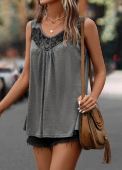 Dark Grey Lace Scoop Neck Tank Top -OLALA Clothing Shop 322972 P 16757538543132