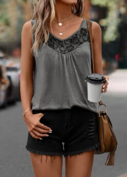 Dark Grey Lace Scoop Neck Tank Top -OLALA Clothing Shop 322972 P 16757538545084