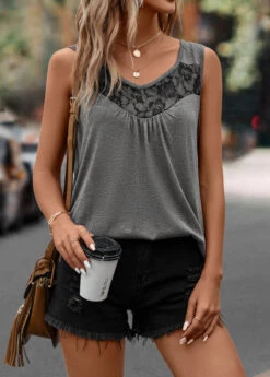 Dark Grey Lace Scoop Neck Tank Top -OLALA Clothing Shop 322972 P 16757538545535
