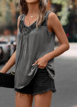 Dark Grey Lace Scoop Neck Tank Top -OLALA Clothing Shop 322972 P 16757538548703