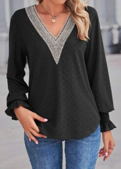 Black Lace Long Sleeve V Neck Blouse