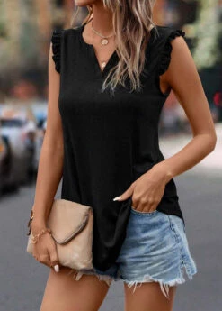 Black Frill Split Neck Tank Top -OLALA Clothing Shop 323340 P 16758414650462