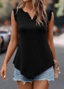 Black Frill Split Neck Tank Top