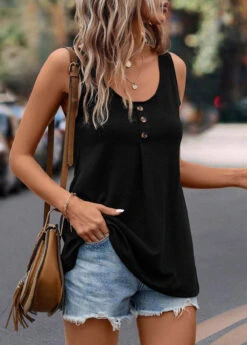 Black Button Scoop Neck Tank Top -OLALA Clothing Shop 323690 P 16760196934714