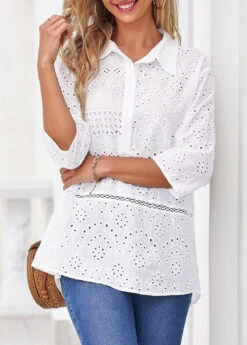 White Turndown Collar Hollow Embroidery Blouse -OLALA Clothing Shop 323718 P 16732267404142