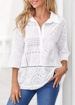 White Turndown Collar Hollow Embroidery Blouse -OLALA Clothing Shop 323718 P 16732267407413